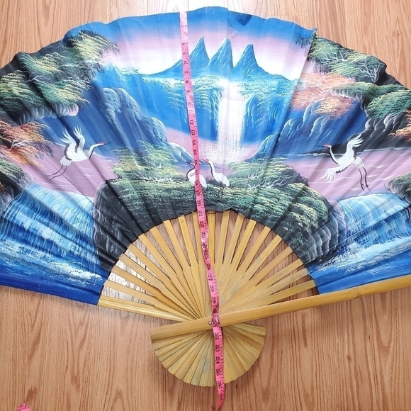 VINTAGE Large Fan 59x36 Handpainted Sky Scene Wal Art - Picture 10 of 16